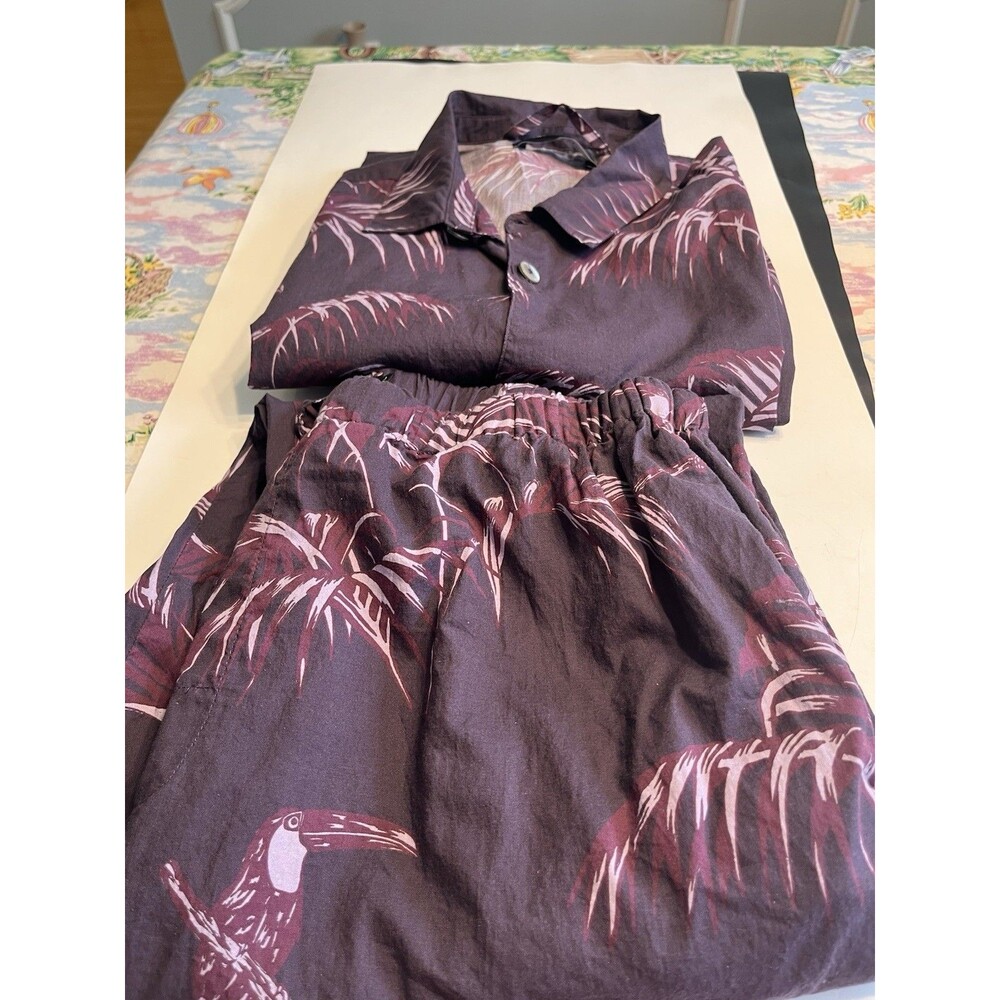 2pc Desmond & Dempsey Tropical Toucan Palm Leaf Print Purple Pajamas Men’s XL